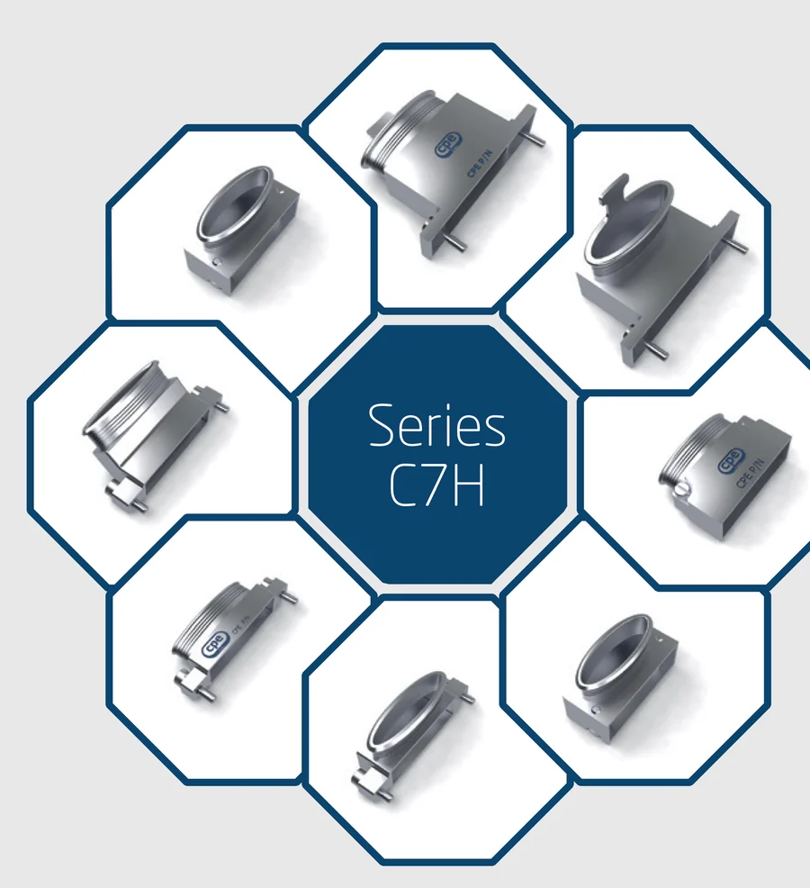 Serie C7H — le configurazioni di backshell rettangolare CPE Hood per connettori micro crimp viste in prospettiva